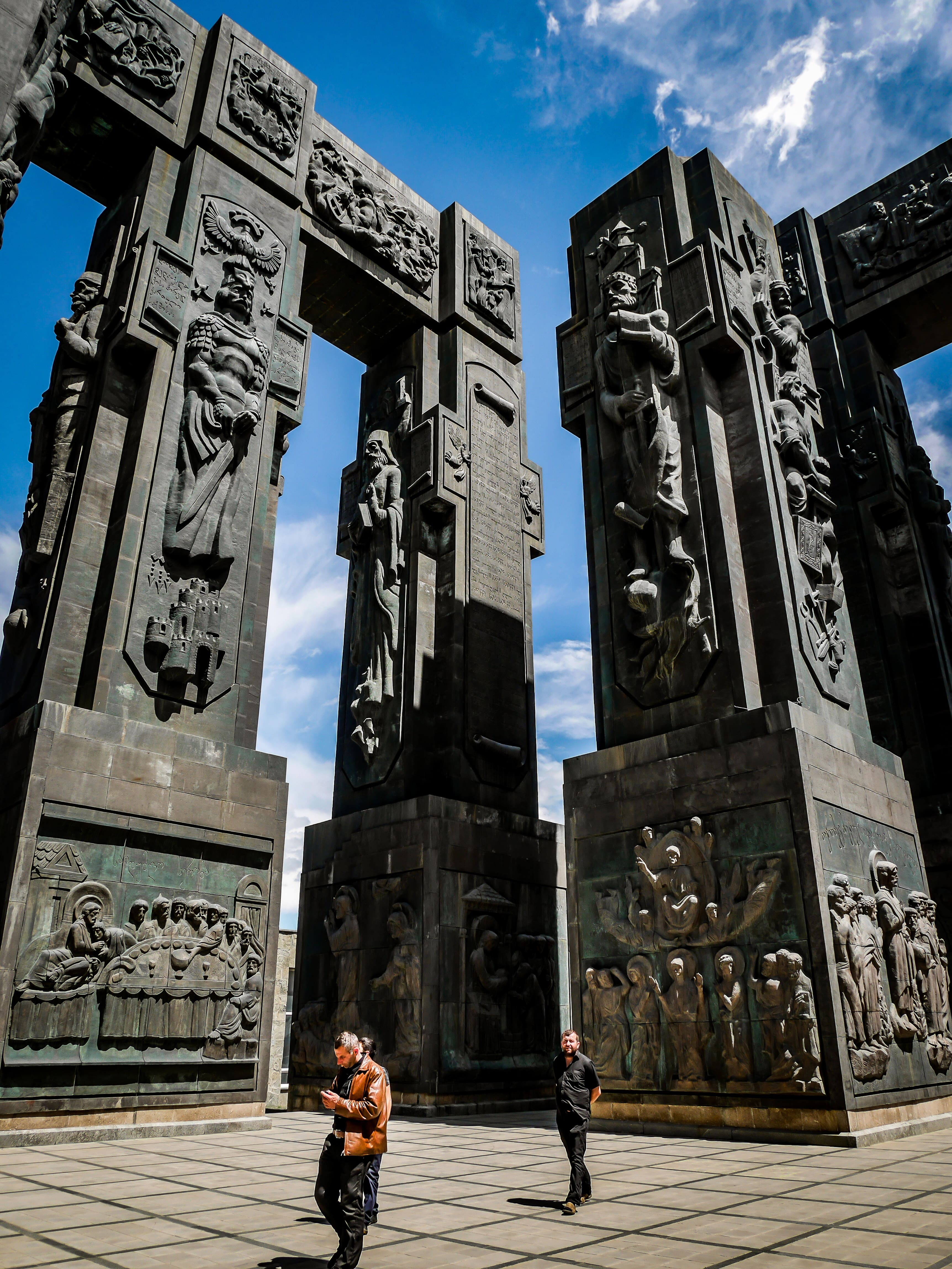 The massive historical pillars of the Chronicles of Georgia monument